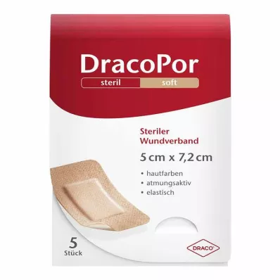 DRACOPOR 5x7.2 cm steril cilt renginde yara örtüsü, 5 adet
