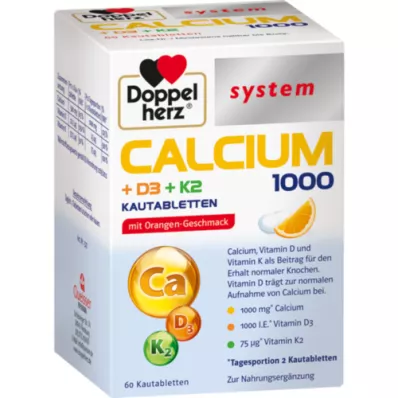 DOPPELHERZ Kalsiyum 1000+D3+K2 sistemi çiğneme tabletleri, 60 adet