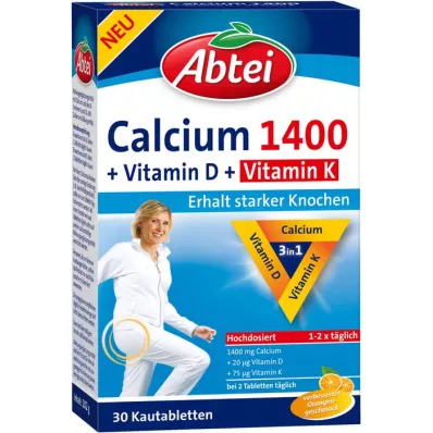 ABTEI Kalsiyum 1400+D3+K Vitamini Çiğneme Tableti, 30 Kapsül